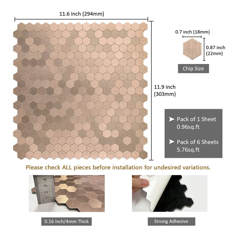 Peel and Stick Backsplash Mini Hexagon Tile, Light Copper Brushed