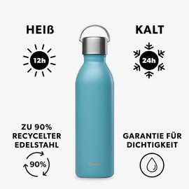 Qwetch - Water Bottle 600 ml Stainless Steel Blue Active - Thermos Flask Made from 90% Recycled Stainless Steel - 24 Hours Cold & 12 Hours Hot - Insulated Flask, Leak-Proof, BPA-Free and Compact