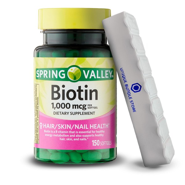 Spring Valley, Biotin 1000MCG, Biotin Softgels, Hair Skin Nails Supplement, 150 Count + 7 Day Pill Organizer Included (Pack of 1)