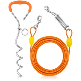 Petbobi Dog Tie Out Cable and Stake - 20ft Heavy Duty Cable with Spring, No Tangle, 16in Ground Stake for Yard, Camping and Beach, Suitable for Small Medium Dogs Up to 35lbs, Orange