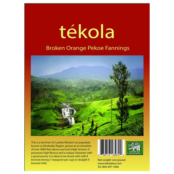 tekola, Ceylon Black Tea, Loose Leaf BOP Fannings, Broken Orange Pekoe. A premium blend of 100% pure Ceylon Tea. Richly flavorful and full bodied. (1 Lb Pouch)