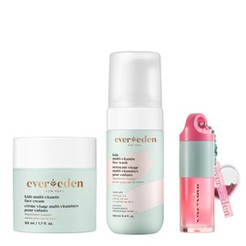 Evereden Happy Kids Skin & Lips Routine - Multi-Vitamin Face Wash & Face Cream Melon & Tinted Lip Oil Sakura Pink Set - Clean & Vegan Skin Care for Kids 3+ - Moisturizing, Nourishing, & Protective