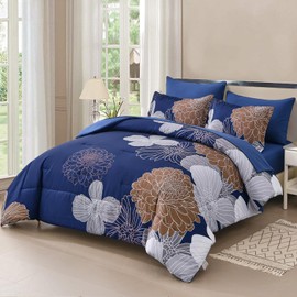 Yiran Navy Brown Comforter Set Queen Bed in a Bag 7 Pieces Floral Soft Microfiber Comforter Bedding Sets Bed Set with Comforter, Sheets, Pillowcases & Shams 90"×90"