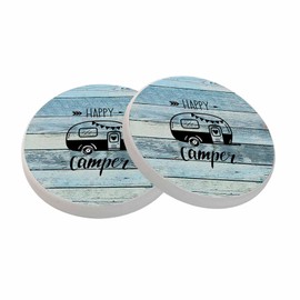 Happy Camper Coasters for Drinks Grunge Wooden Background Absorbent Ceramic Drink Coaster for Coffee Wooden Table Home Decor Set of 2