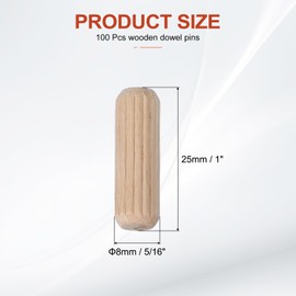 MECCANIXITY Wooden Dowel Pins 5/16" x 1" (8mm x 25mm) Straight Dowel Rods Wood Fluted Dowels Rods for Crafts Furniture DIY Hardwood Count 100