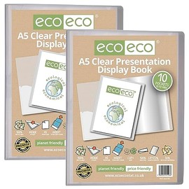 eco-eco A5 Size 50 Percent Recycled 10 Pocket Clear Presentation Display Book, Storage Case Portfolio Art Folder with Plastic Sleeves, Pack of 2, eco126x2