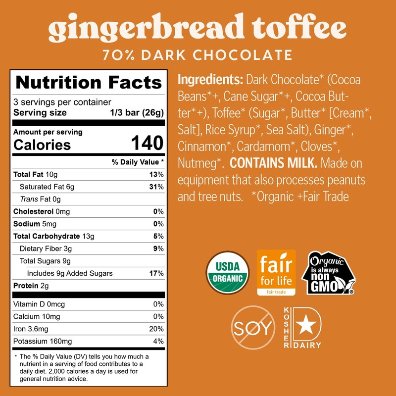 Theo Chocolate Holiday Gingerbread Toffee Organic Dark Chocolate Bar, 55%