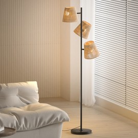 ZBLUXBZ Rattan Floor Lamp with 350° Adjustable Shades - Boho 3 Lights Standing Light, Heavy 30lb Weighted Base, Ideal for Living Room & Bedroom