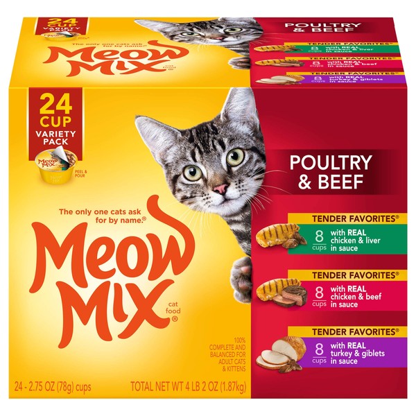 Meow Mix Tender Favorites Wet Cat Food, Poultry & Beef Variety Pack, 2.75 Ounces Cup (Pack of 24)