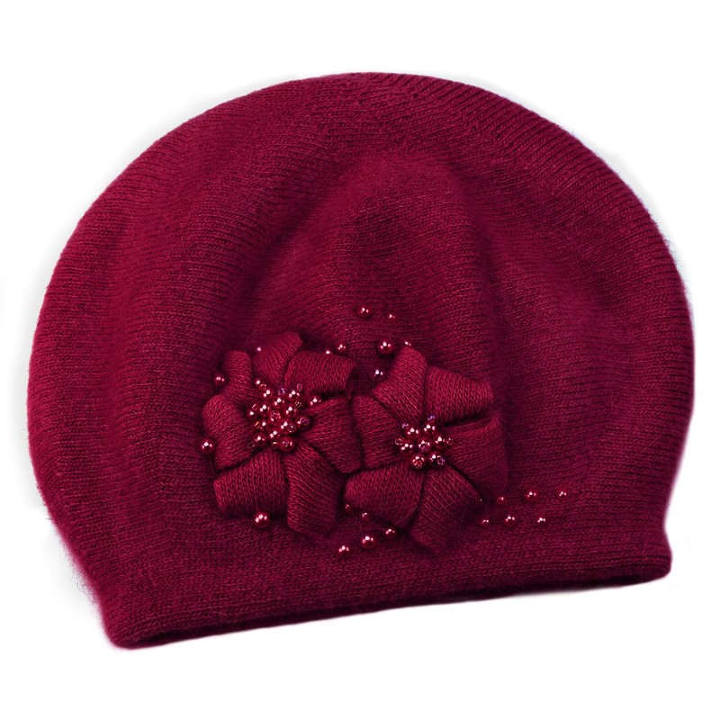 Rabbit Fur Beret Hat French Beret Cap Winter Warm Flowers