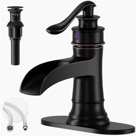 Oil Rubbed Bronze Waterfall Bathroom Faucet, Single Handle Bathroom Sink Faucet 1 Hole or 3 Hole, Vanity Sink Faucet for Vintage Antique Lavatory Washroom with Pop Up Drain, Deck, 2 Hoses