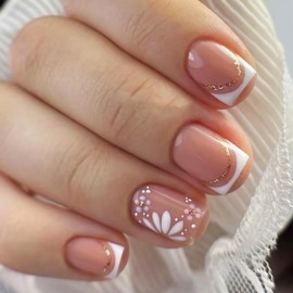 French Tip Press on Nails Short Square, Spring Summer Flower Petal Fake Nails with Glue, Gold Line Stick on Nails Full Cover Pink Glossy False Nails for Women DIY Manicure Decoration, 24PCS