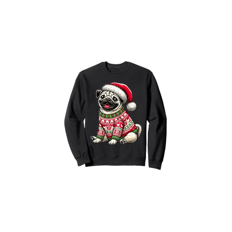 Dog Pug Ugly Sweater Santa Hat Christmas Sweatshirt, black