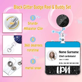 ANDGING Black LPN Badge Buddy and Badge Reel Set Horizontal LPN Badge Card Holder Nurse Acrylic Bling Badge Buddies Glitter Badge Cards Badge Reels Retractable Nursing Gifts Medical ID Card A58KL