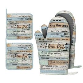 Boulda Farmhouse Oven Mitts and Pot Holders Kitchen Rules Oven Mitts Heat Resistant Kitchen Gloves Cotton Lining Waterproof Pot Holders 4 Piece Set for Cooking Baking Grilling