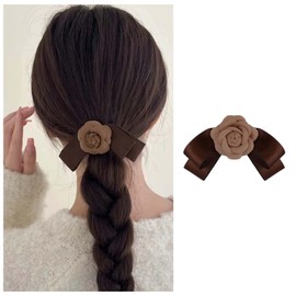 Vacaonio French Camellia Bow Hair Clip Camellia Flower Hair Clips Ribbon Bowknot Hairclip Barrette Khaki Camellia Flower Hair Clip Elegant Camellia Hair Barrette Headwear Decorative Hair Accessories