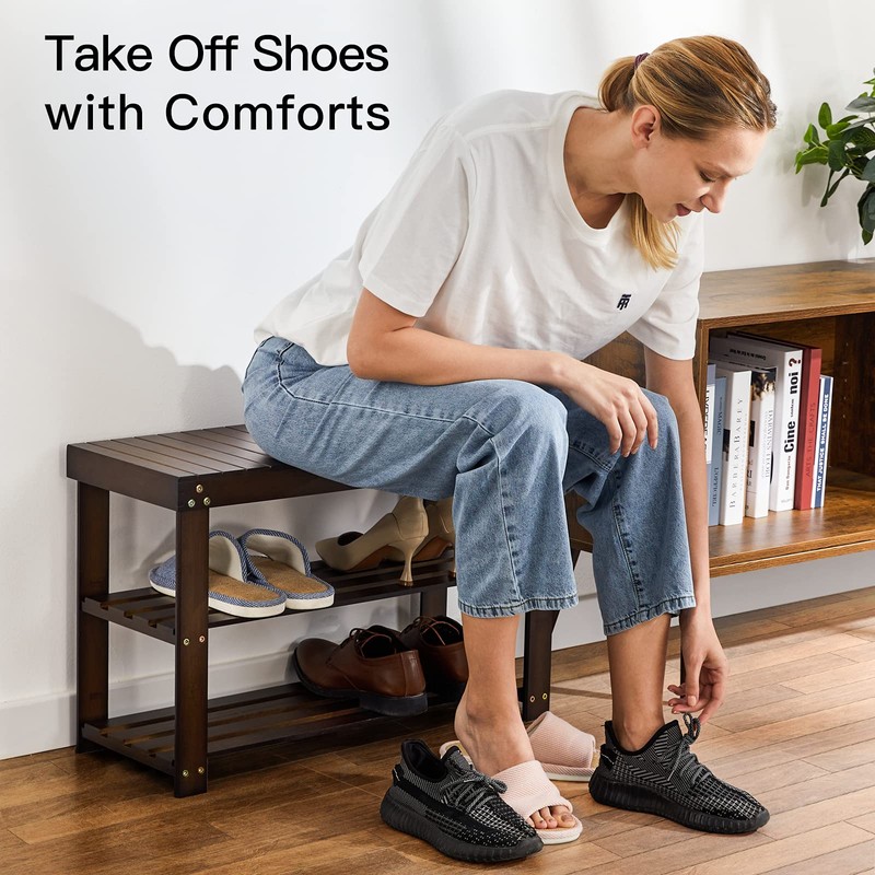 Pipishell Bamboo Shoe Rack Bench, 3 Tier Sturdy Shoe Bench,