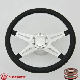 FLASHPOWER 14" Polished Billet Steering Wheel Kit Half Wrap w/ Horn Button&Adapter