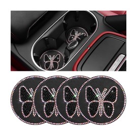 KHGUZ Bling Car Coasters, 4PCS Butterfly Rhinestone Anti-Slip Vehicle Cup Holder Insulated Bottle Mat, Diamond Shiny Automotive Interior Drink Protection Pad Accessories, Universal Fit (Multicolor)