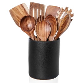 Nucookery Wooden Cooking Utensils Set with Holder, Teak Wood Utensils, Ceramic Holder for Countertop with Protection Cork Bottom, Nonstick Spoons, Spatula Set, 10 Pcs Kitchen Decor, (Stone Black)
