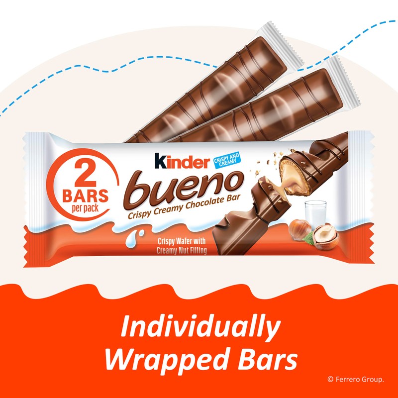 Kinder Bueno Milk Chocolate and Hazelnut Cream, Bulk 30 Pack,