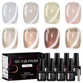 MEET ACROSS Jelly Cat Eye Gel Nail Polish Set 8 Colors Cateye Gel Polish with Magnet Nude Pale Blue Pink Brown Caramel Shine Translucent Nail Polish Home Salon Nails Design