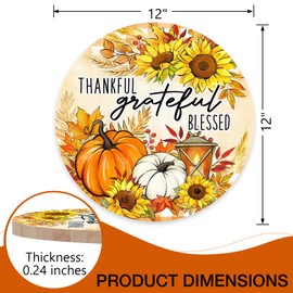 Deroro Thanksgiving Pumpkin Sunflower Front Door Sign, Thankful Grateful Blessed Fall Wood Door Hanger Outdoor Outside Porch Decor, Autumn Buffalo Plaid Wooden Wreath Indoor Wall Hanging Decoration