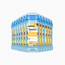 Suave Antiperspirant Deodorant For Women, Invisible Underarm Deodorant, 48hr Odor & Wetness Protection, Everlasting Sunshine, Sensitive Skin Deodorant Solid Stick, 2.6 oz (12 Bulk Pack)