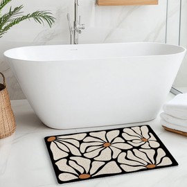 INDAJEDN Groovy Boho Floral Door Mat, Black and Beige Floral Welcome Doormat for Front Door Indoor Outdoor Entrance Entryway Porch, Boho Neutral Flower Bath Mat for Bathroom Decor, 17x30 Inches