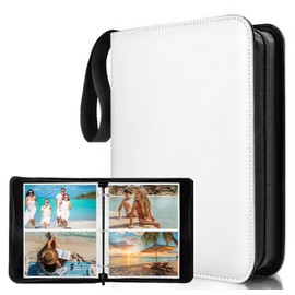 Photo Album 5x7 200 Pockets, Zip Photos Binder Album with 50Pcs Double Sided Pocket Sleeves, PU Leather Pictures Albums Folder, Seed Storage Binder Album (White)
