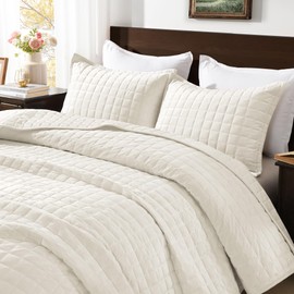 Andency California King Quilt Cream White, Velvet Lightweight Plush Plaid Bedspread, Soft Luxury Coverlet Quilted Bedding Set Bedspread (112x104 inch, 2 Matching Pillowcases), All Season