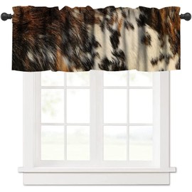 JanJCurt Brown Cowhide Valance, Rustic Vintage Western Farmhouse Highland Cow Fur Black Brown White Skin Print Short Blackout Window Drapes for Bedroom Kitchen, 54x18inch