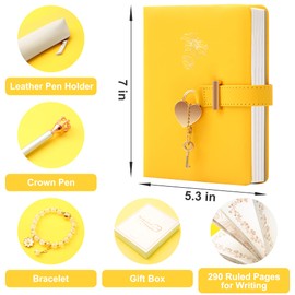 Diary with Lock for Girls Ages 8-12 Kids Journals for Writing Christmas Gifts Stocking Stuffers 296 Ruled Pages Notebook Journal with Lock, Box Set Includes Leather Journal Notebook, Combination Lock, Pen Holder, Bracelet & Crown Pen