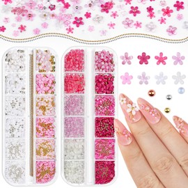 2 Boxes 3D Flower Nail Charms and Nail Beads & Bubble Beads - Rose Nail Flower Charms Pink Cherry Blossom Petal Silver/Gold Caviar Bead Mixed Sizes Glass Bubble with Nail Chain (7-S2-Mixed4)