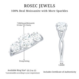 Certified Moissanite 3 Stone Engagement Ring in Silver, D-Vs1 Quality, Moissanite Three Stone Ring - Ready To Gift, 925 Sterling Silver, Size:US 9.00