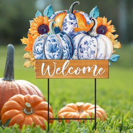 Yuntau Fall Chinoiserie Yard Sign 24 Inch Metal Thanksgiving Pumpkin Yard Stakes Decorations Welcome Sign Rustic Maple Leaves Garden Stakes for Autumn Harvest Outside Lawn Pathway Decor