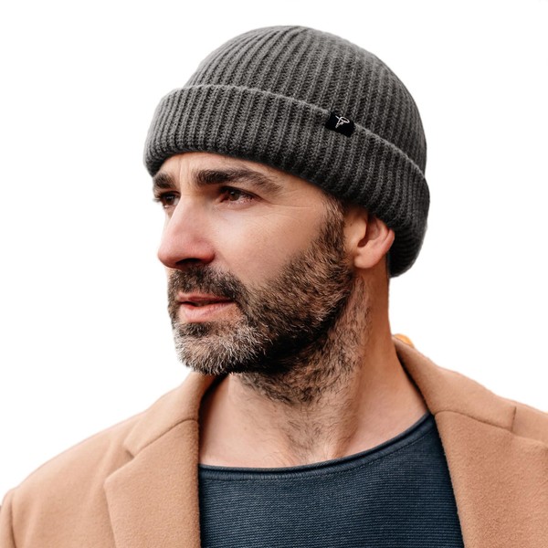 Grey Oversize M/L Winter Short Fisherman Beanie Merino Wool Blend