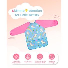 Oiomniv Kids Painting Smock for Ages 3-8 – Waterproof Art Apron with Long Sleeves & 3 Pockets, Toddler Craft Smock for Painting Baking DIY, Washable Preschool Art Supplies Gift for Boys Girls