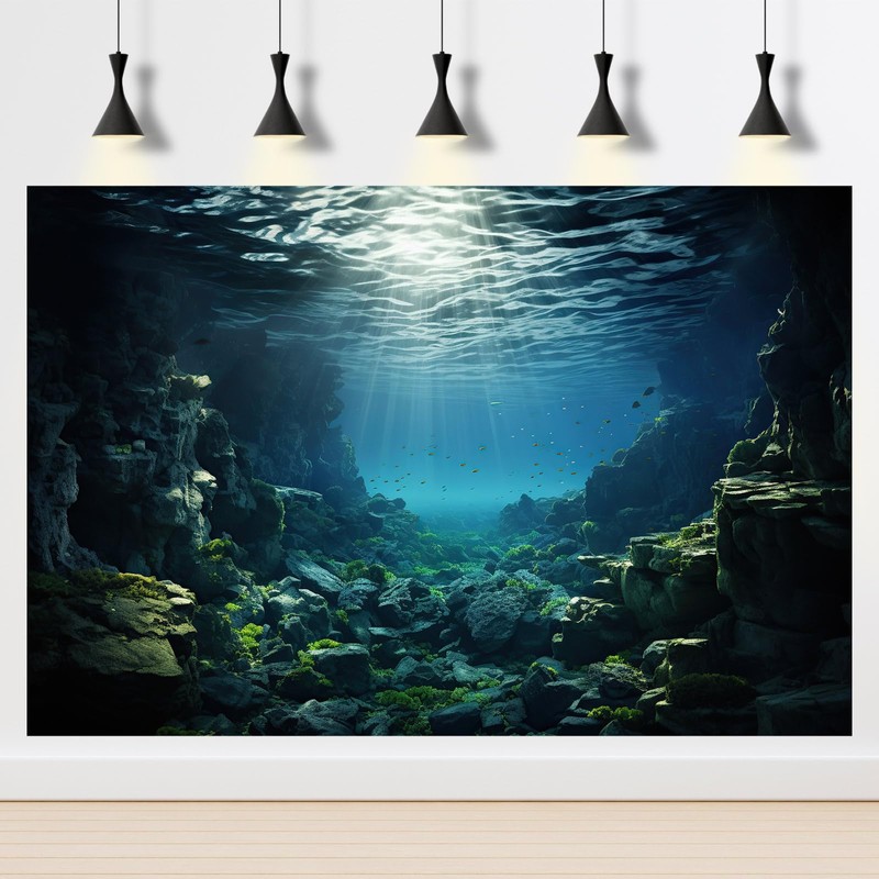 Aquarium Backdrop Underwater Coral Reef with Fishes Sun Rays Terrarium