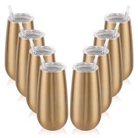 8 Pack Insulated Champagne Tumblers, Stemless Champagne Tumbler 6 Oz, Champagne Flutes Wine Tumbler, Unbreakable Cocktail Cups with Lid, Gift for Family Friends Christmas Birthday Wedding (Gold)