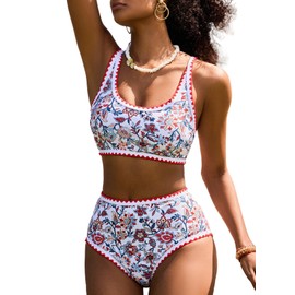 Herseas Women's Bikini Sets Floral Print Shell Stitch Swimsuits High Rise Scoop Stretchy Bathing Suits Modest Red Vacation Outfits Large