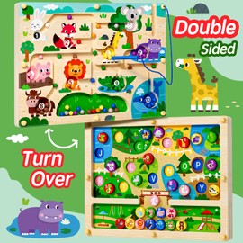 rifamee 2 in 1 Magnetic Color and Number Maze Magnet Alphabet Counting Zoo Double Sided Board Wood Puzzle Fine Motor Skills Montessori Preschool Toys Gifts for Boys and Girls 3-5 Age