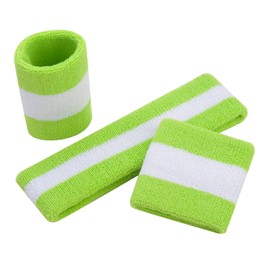 ONUPGO Sweatband Set Sports Headband Wristband Set Sweatbands Terry Cloth Wristband Wrist Sweatband Headbands Moisture Wicking Sweat Absorbing Head Band (Neon Green/White/Neon Green)