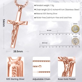 Eusense 925 Sterling Silver Cross Pendant Rose Gold Crucifix Jesus Christ Necklace Crucifix Necklace Pendant Religious Catholic Amulet Jewellery Protection Gift for Men Women