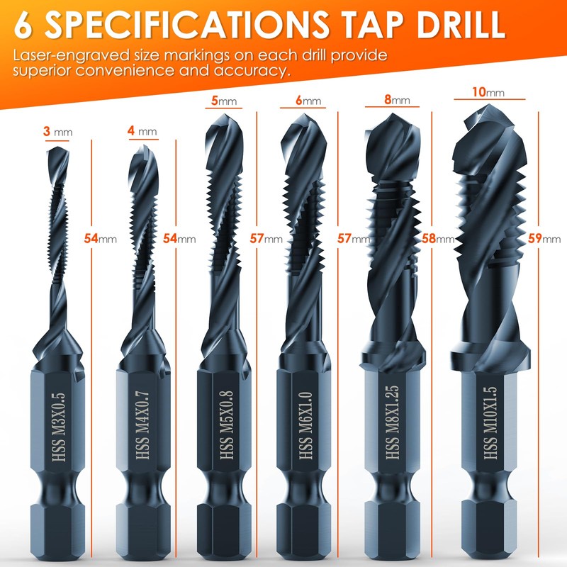 THINKWORK Combination Drill Tap & Tap Bit Set, 6 Pack