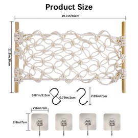 Hanging Fruit Hammock, Fruit Hanging Net, Handmade Woven with 4 Pieces Hooks, No Drilling and 2 Pieces S-Hooks, Space Saving Hammock for Fruit Under Cabinet for Kitchen Home Motorhomes