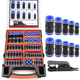180PCS Quick Connect Air Hose Fittings Kit - 1/8",1/4",5/16",3/8",1/2" & 4,6,8,10,12mm Push to Connect Straight Pneumatic Assortment with Tube Cutter for Air Compressor, Workshop, Auto Brake Systems