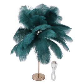 Decorative Table Lamp 30PCS Feathers USB Rechargeable Light Touch Control Desk Light Built in Battery Dark Green
