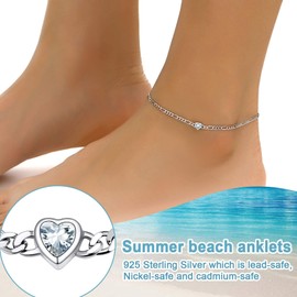 April Birthstone Ankle Bracelet 925 Sterling Silver 3mm Chain for Barefoot Figaro Anklets for Women, 8.5"-10.5"