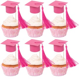 ZHUOWEISM 24 PCS 2025 Graduation Cap Cupcake Toppers with Tassel Congrats Grad Cap Cupcake Picks Class of 2025 Graduation Party Decorations for 2025 School Graduate Party Supplies Rose Red